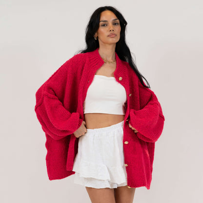 Women's Oversized Knit Cardigan – Gold-Tone Buttons in Berry – front view | Hensley London