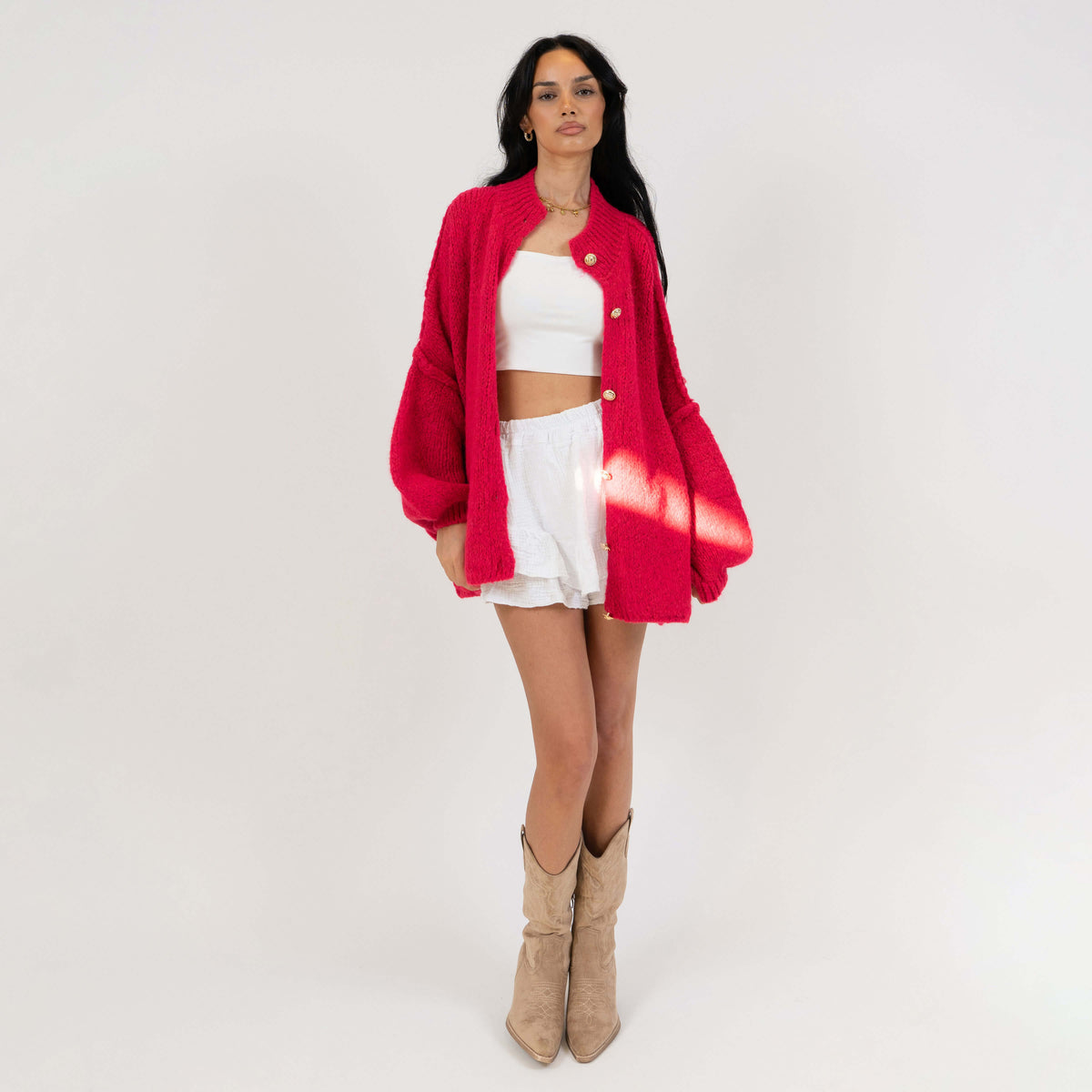 Women's Oversized Knit Cardigan – Gold-Tone Buttons in Berry – full outfit view | Hensley London