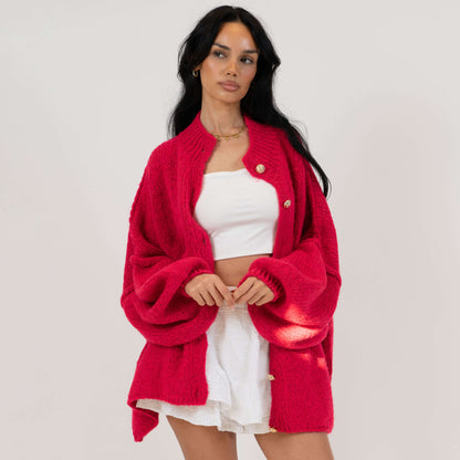Women's Oversized Knit Cardigan – Gold-Tone Buttons in Berry – front view | Hensley London
