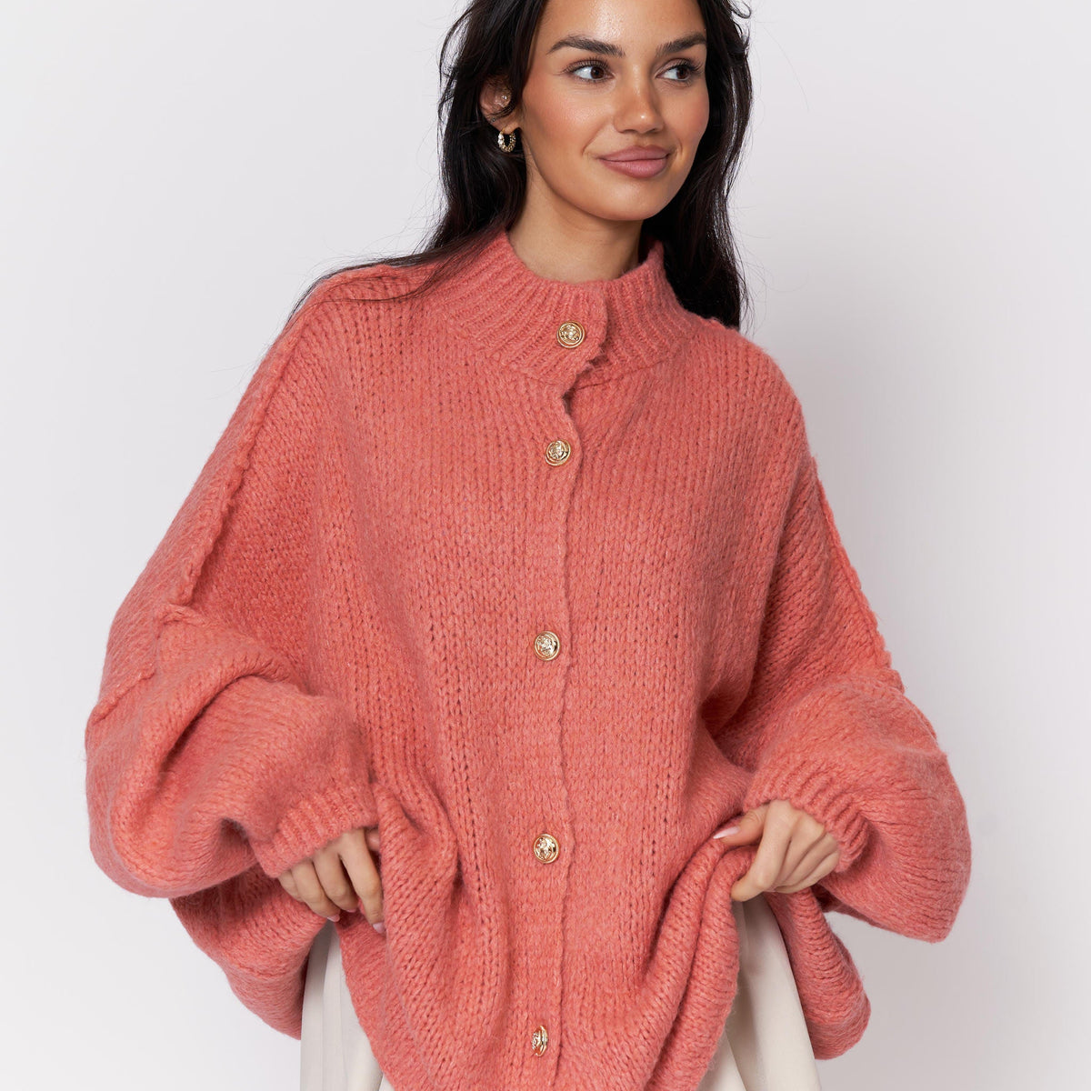 Women's Oversized Knit Cardigan – Gold-Tone Buttons in Dark Apricot – front view | Hensley London