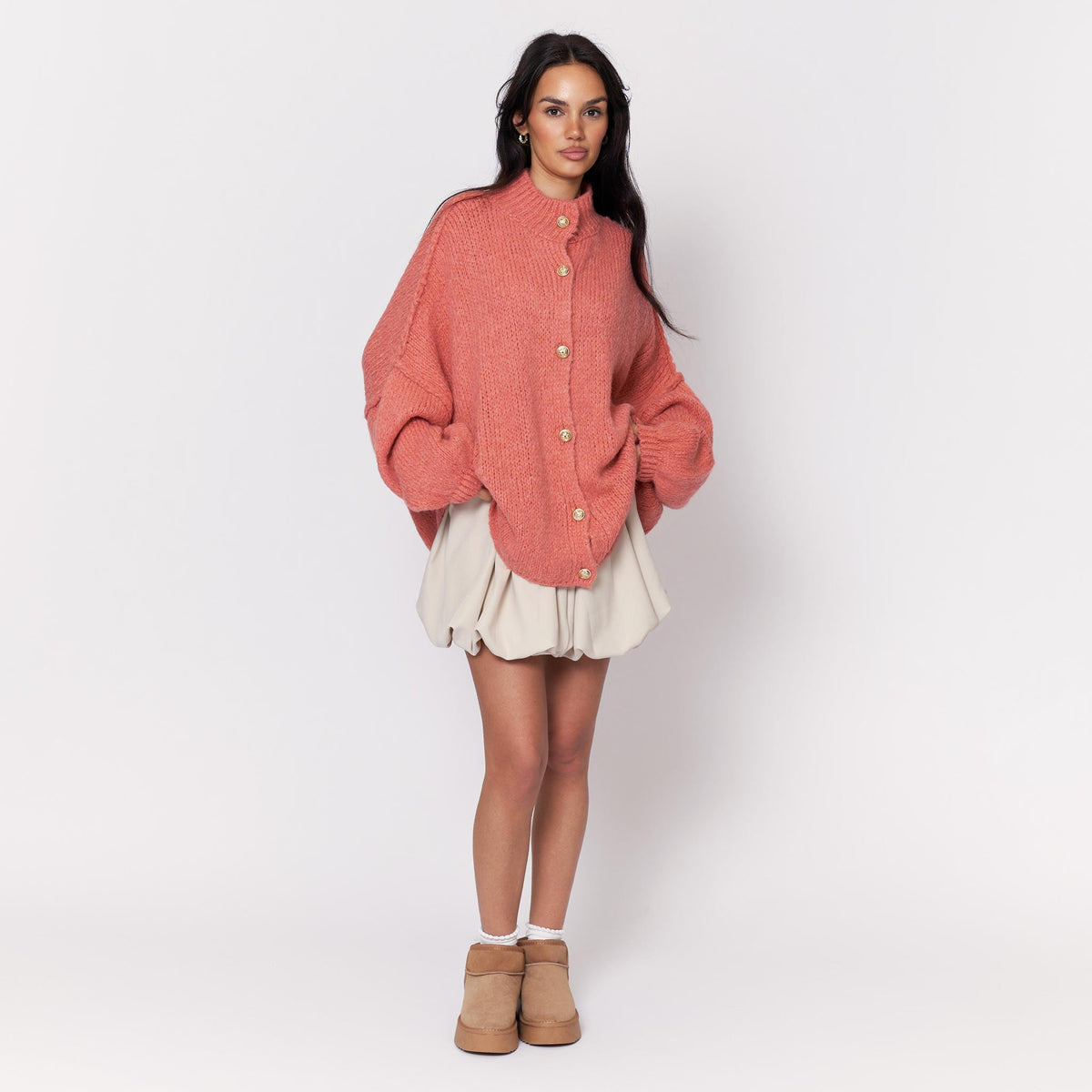 Women's Oversized Knit Cardigan – Gold-Tone Buttons in Dark Apricot – full outfit view | Hensley London