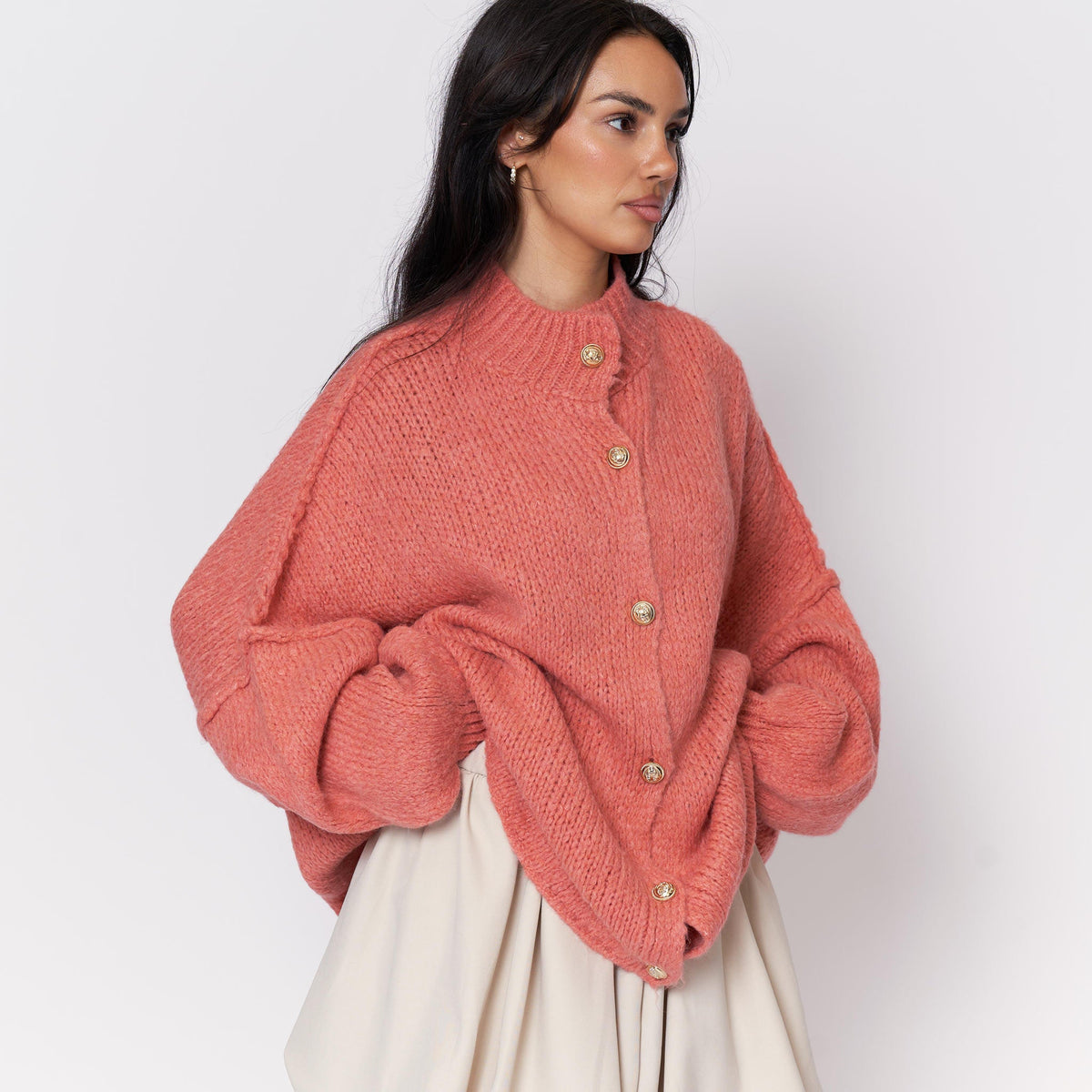 Women's Oversized Knit Cardigan – Gold-Tone Buttons in Dark Apricot – front view | Hensley London