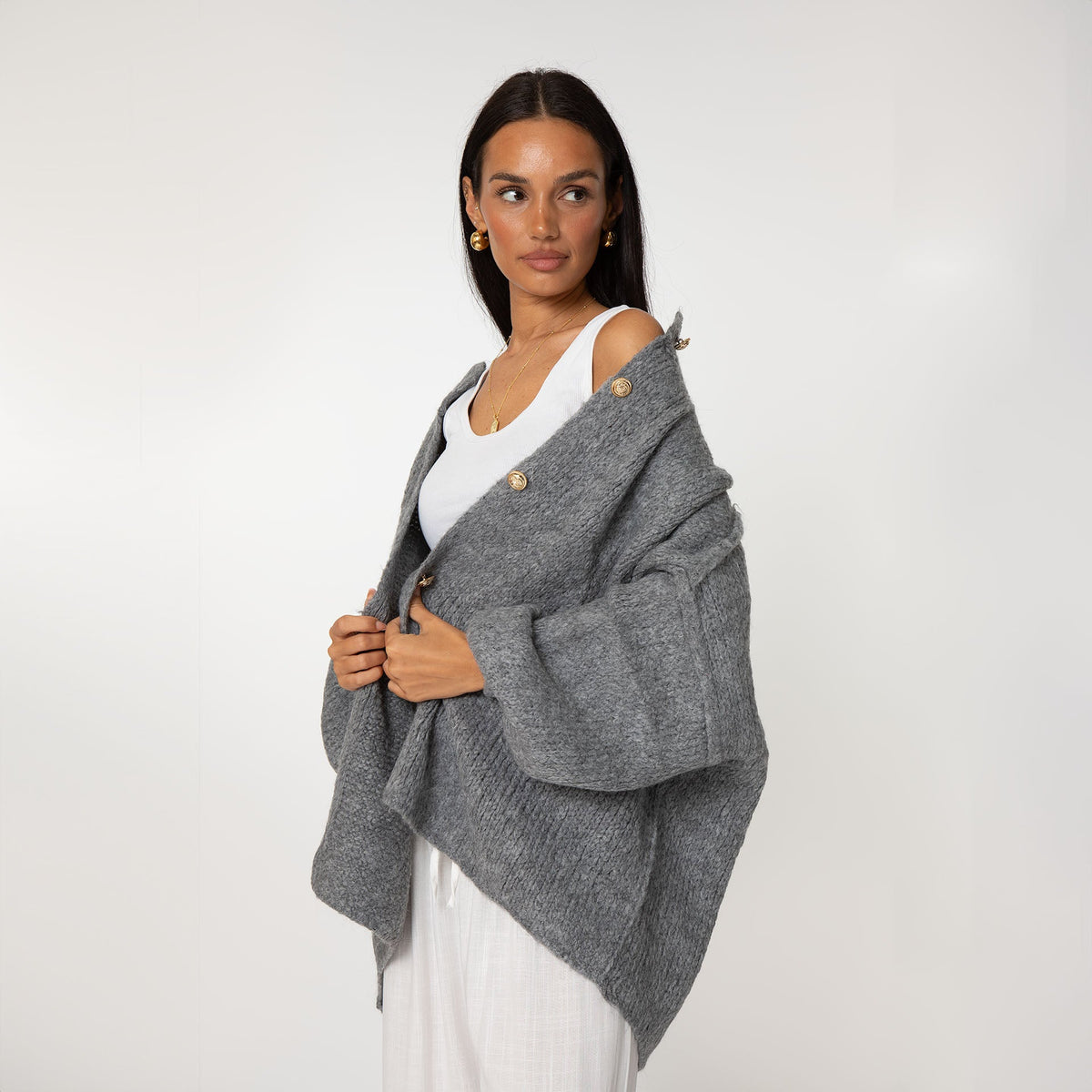 Women's Oversized Knit Cardigan – Gold-Tone Buttons in Grey – front view | Hensley London