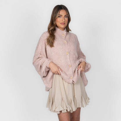 Women's Oversized Knit Cardigan – Gold-Tone Buttons in Blush – front view | Hensley London