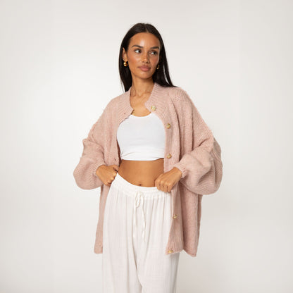Women's Oversized Knit Cardigan – Gold-Tone Buttons in Blush – front view | Hensley London