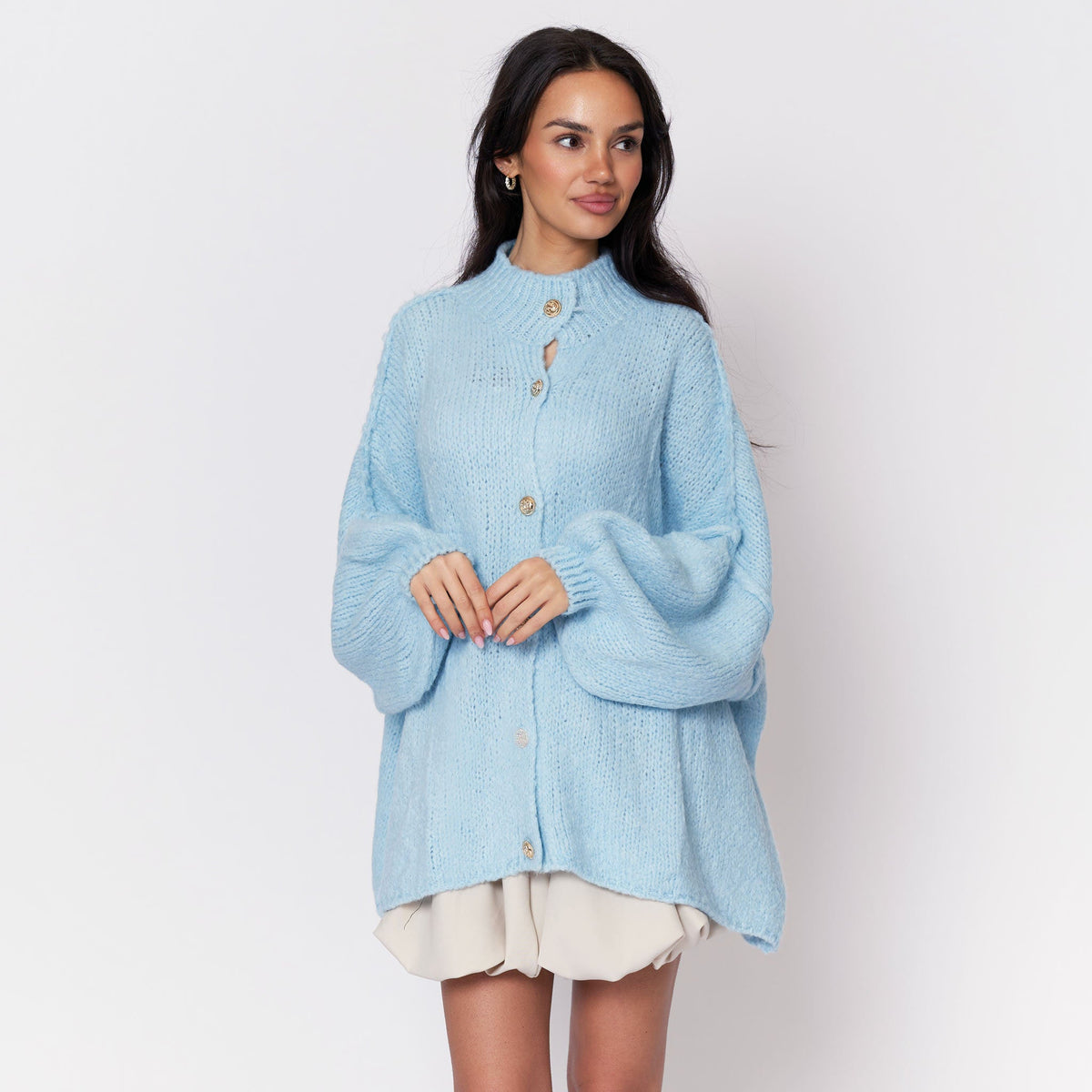 Women's Oversized Knit Cardigan – Gold-Tone Buttons in Baby Blue – front view | Hensley London