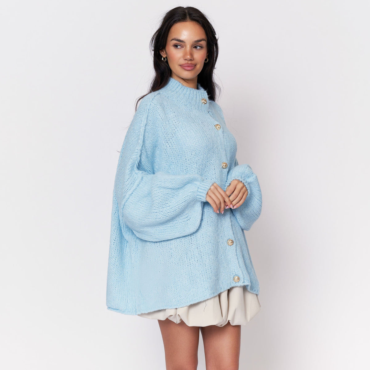 Women's Oversized Knit Cardigan – Gold-Tone Buttons in Baby Blue – front view | Hensley London