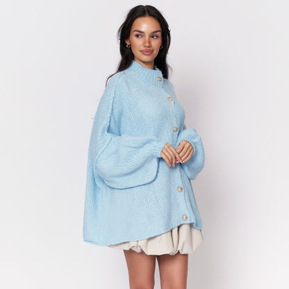 Women's Oversized Knit Cardigan – Gold-Tone Buttons in Baby Blue – front view | Hensley London