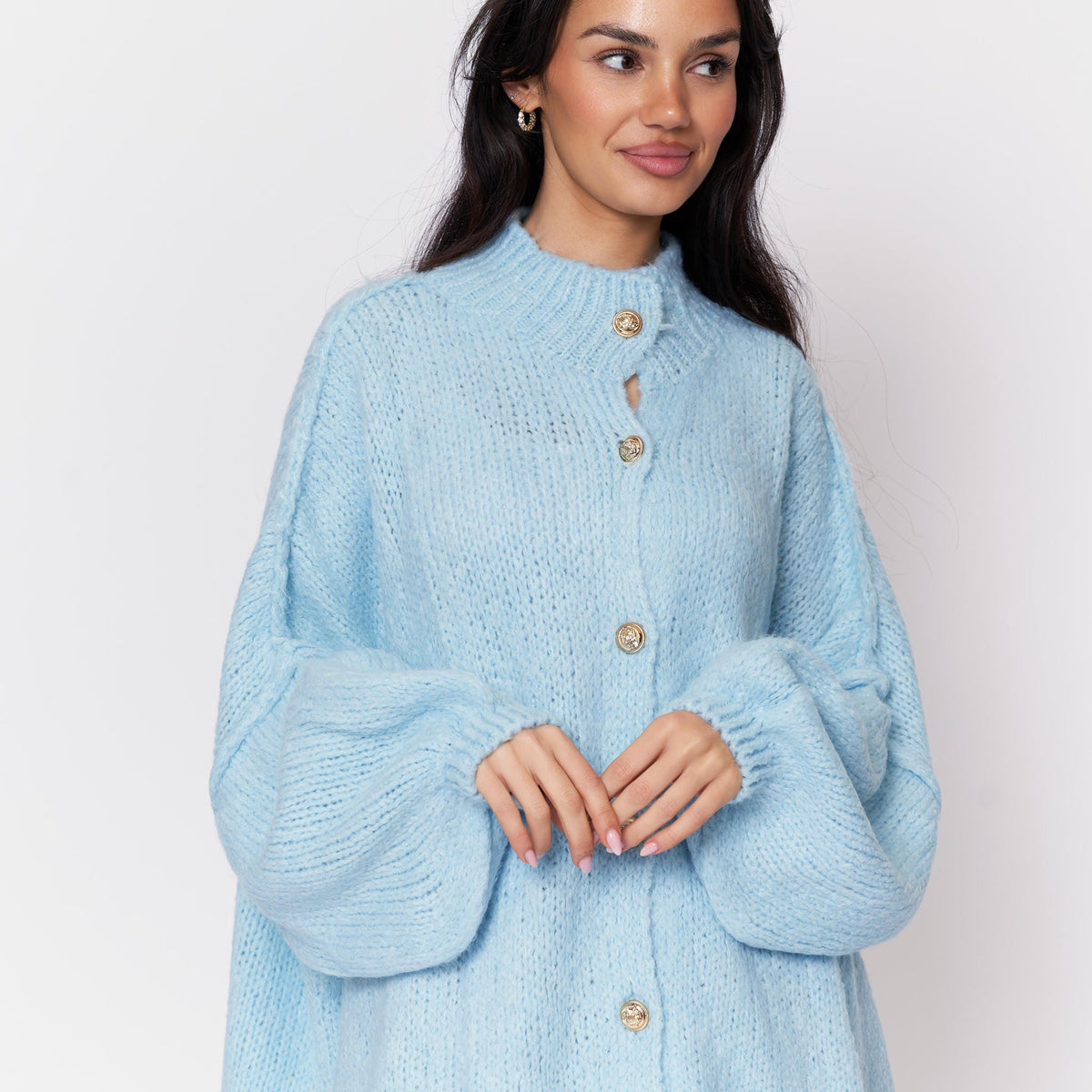 Women's Oversized Knit Cardigan – Gold-Tone Buttons in Baby Blue – front view | Hensley London
