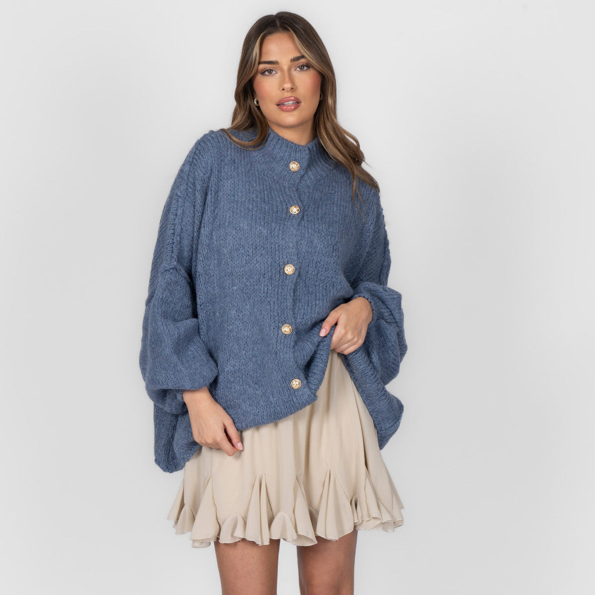Women's Oversized Knit Cardigan – Gold-Tone Buttons in Ocean Blue – front view | Hensley London
