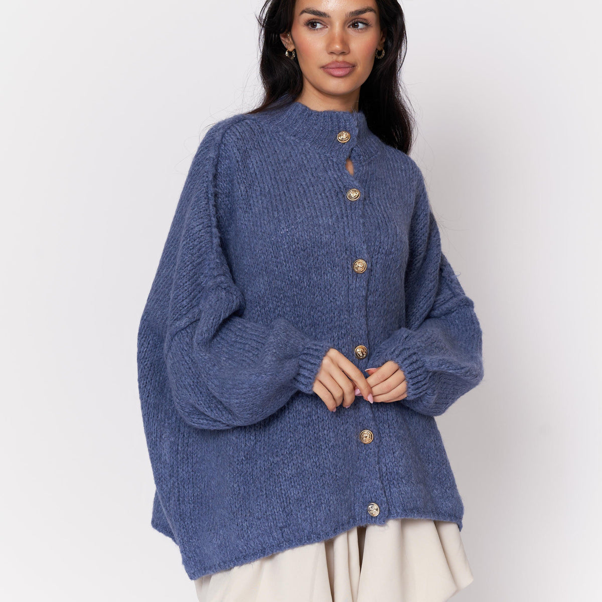 Women's Oversized Knit Cardigan – Gold-Tone Buttons in Ocean Blue – front view | Hensley London