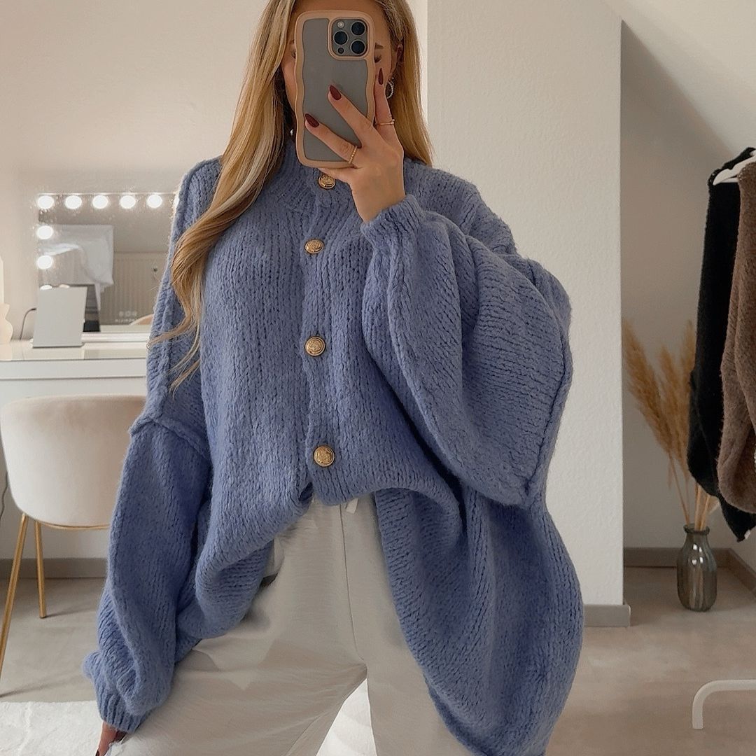Women's Oversized Knit Cardigan – Gold-Tone Buttons in Ocean Blue – mirror styling view | Hensley London