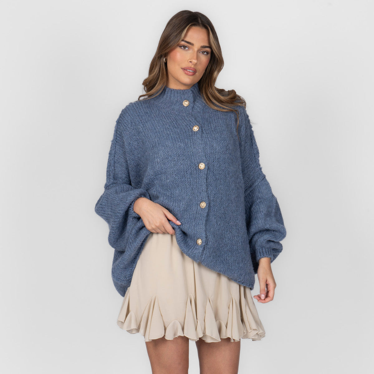 Women's Oversized Knit Cardigan – Gold-Tone Buttons in Ocean Blue – front view | Hensley London