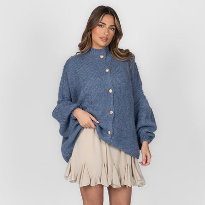 Women's Oversized Knit Cardigan – Gold-Tone Buttons in Ocean Blue – front view | Hensley London