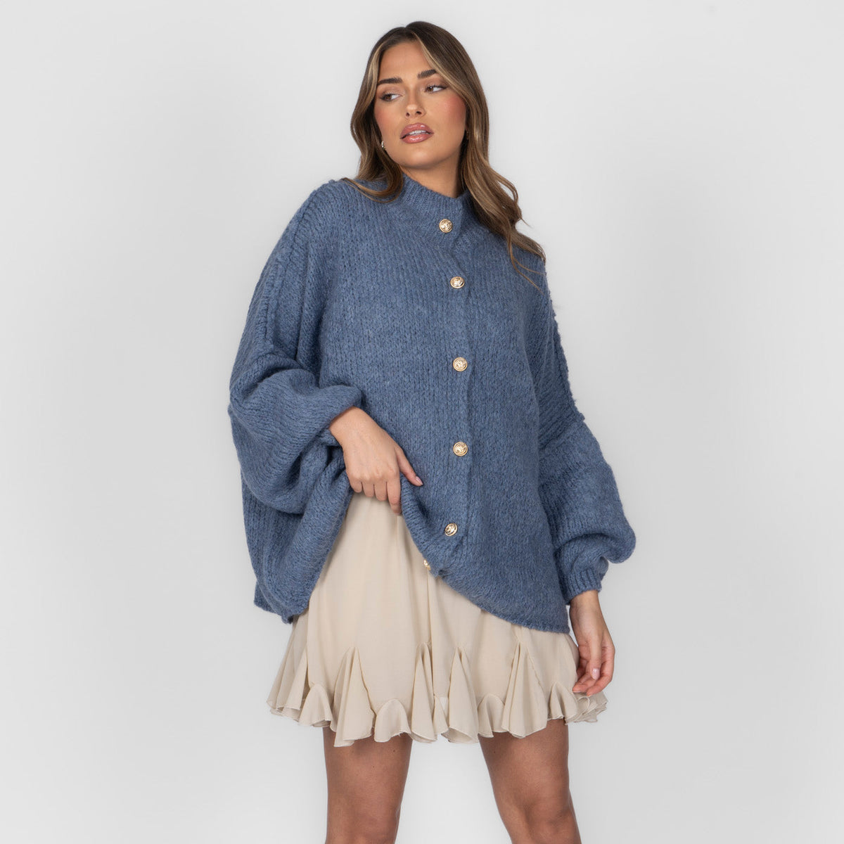 Women's Oversized Knit Cardigan – Gold-Tone Buttons in Ocean Blue – front view | Hensley London
