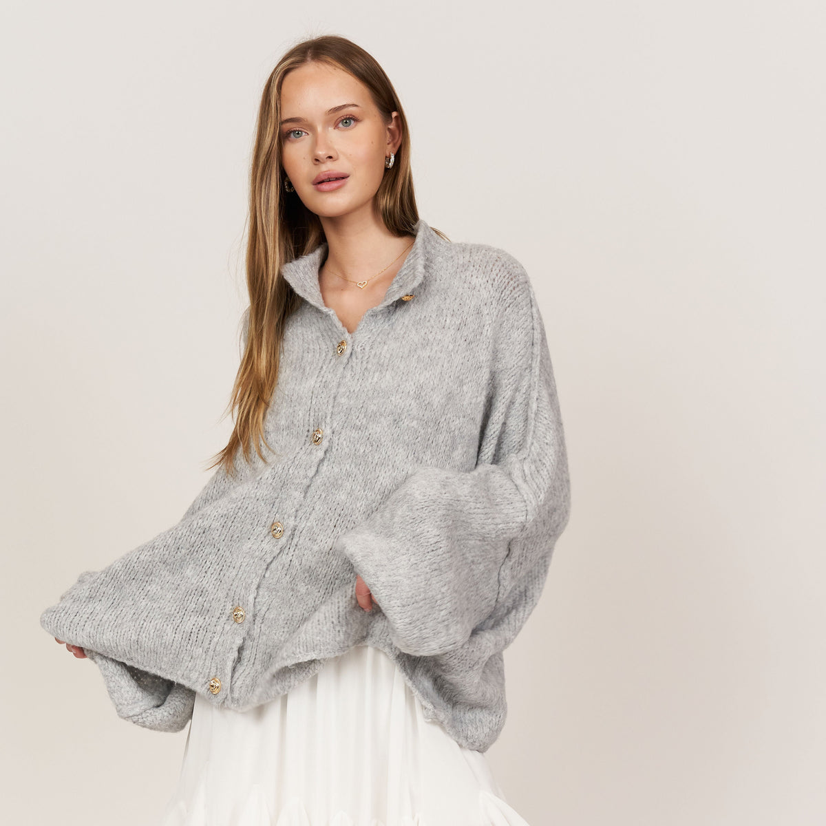 Women's Oversized Knit Cardigan – Gold-Tone Buttons in Light Grey – front view | Hensley London
