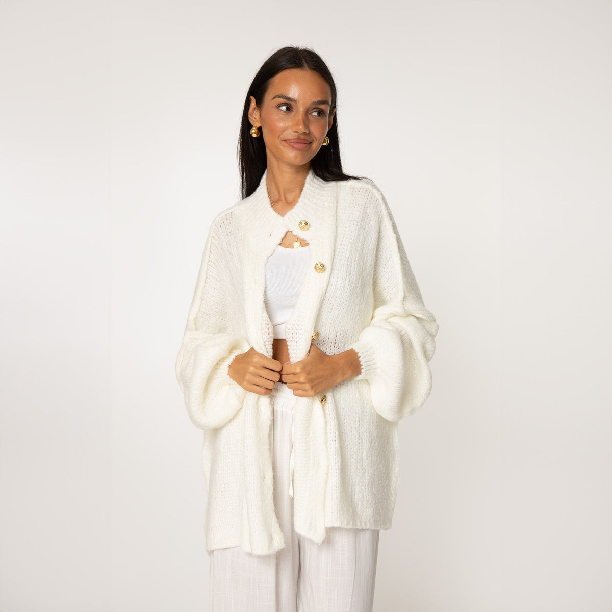 Women's Oversized Knit Cardigan – Gold-Tone Buttons in White – front view | Hensley London