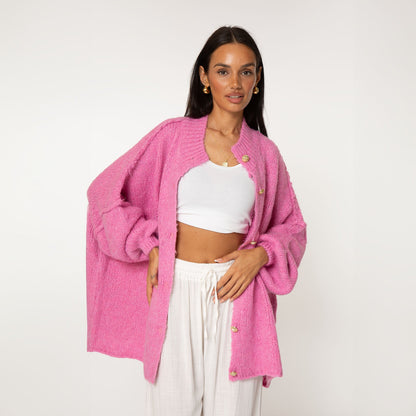 Women's Oversized Knit Cardigan – Gold-Tone Buttons in Pink – front view | Hensley London