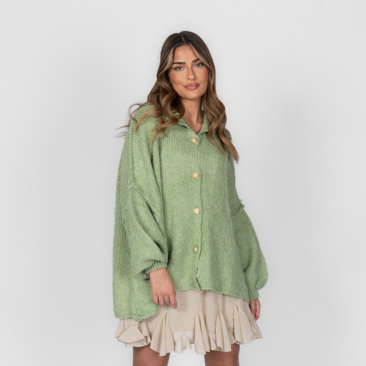 Women's Oversized Knit Cardigan – Gold-Tone Buttons in Kiwi Green – front view | Hensley London