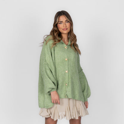 Women's Oversized Knit Cardigan – Gold-Tone Buttons in Kiwi Green – front view | Hensley London