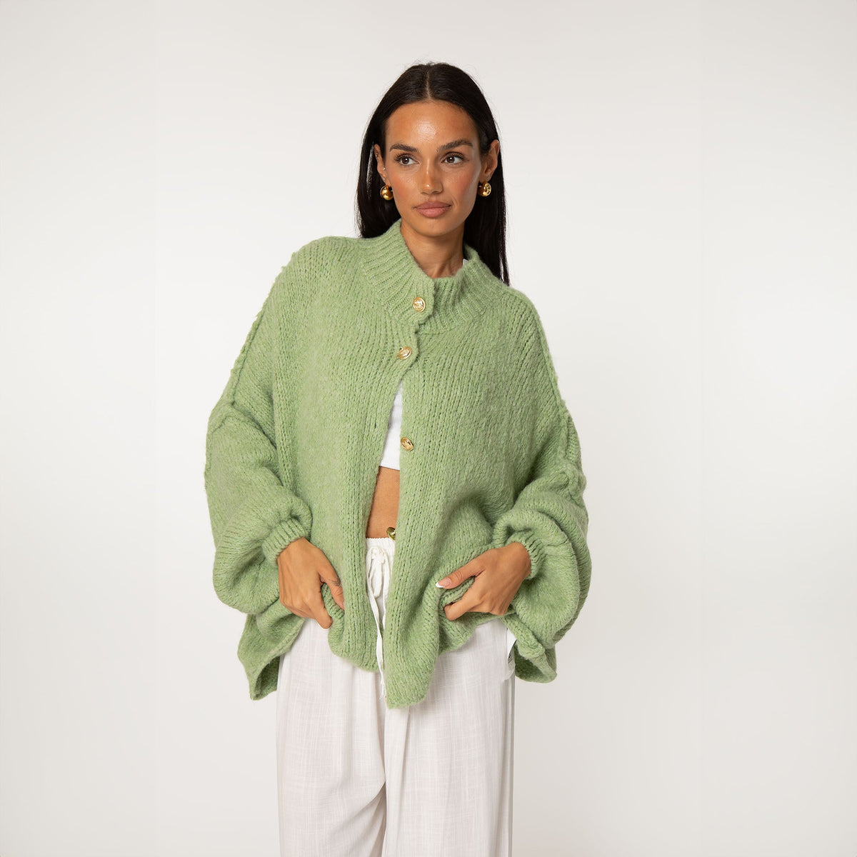 Women's Oversized Knit Cardigan – Gold-Tone Buttons in Kiwi Green – front view | Hensley London