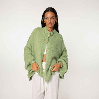 Women's Oversized Knit Cardigan – Gold-Tone Buttons in Kiwi Green – front view | Hensley London