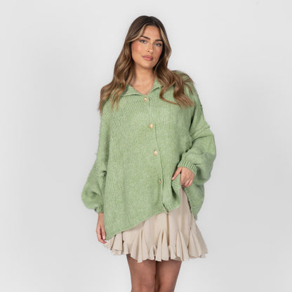 Women's Oversized Knit Cardigan – Gold-Tone Buttons in Kiwi Green – front view | Hensley London