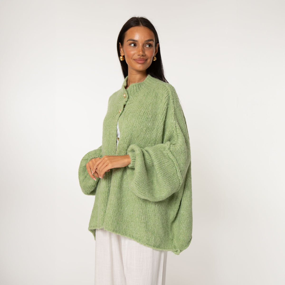 Women's Oversized Knit Cardigan – Gold-Tone Buttons in Kiwi Green – front view | Hensley London