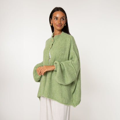 Women's Oversized Knit Cardigan – Gold-Tone Buttons in Kiwi Green – front view | Hensley London