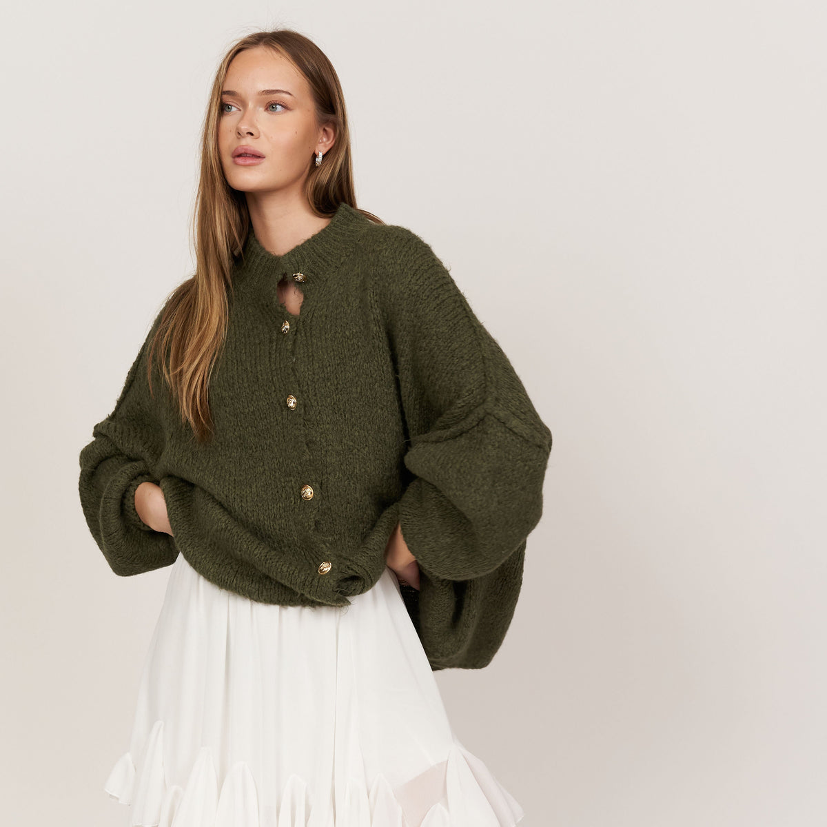 Women's Oversized Knit Cardigan – Gold-Tone Buttons in Khaki – front view | Hensley London