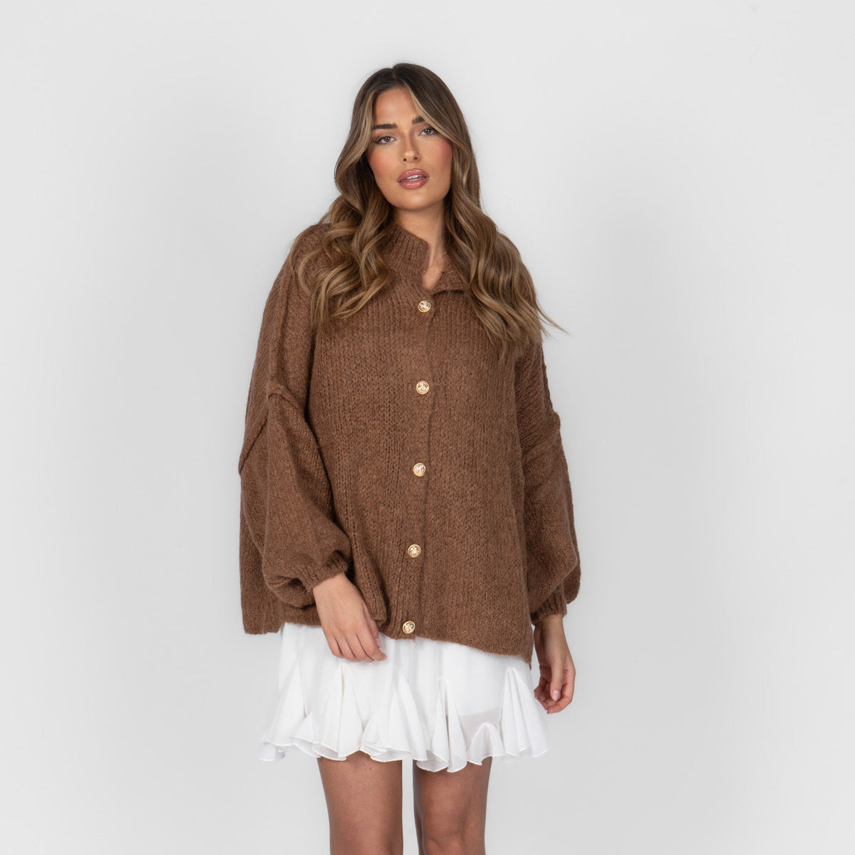 Women's Oversized Knit Cardigan – Gold-Tone Buttons in Brown – front view | Hensley London