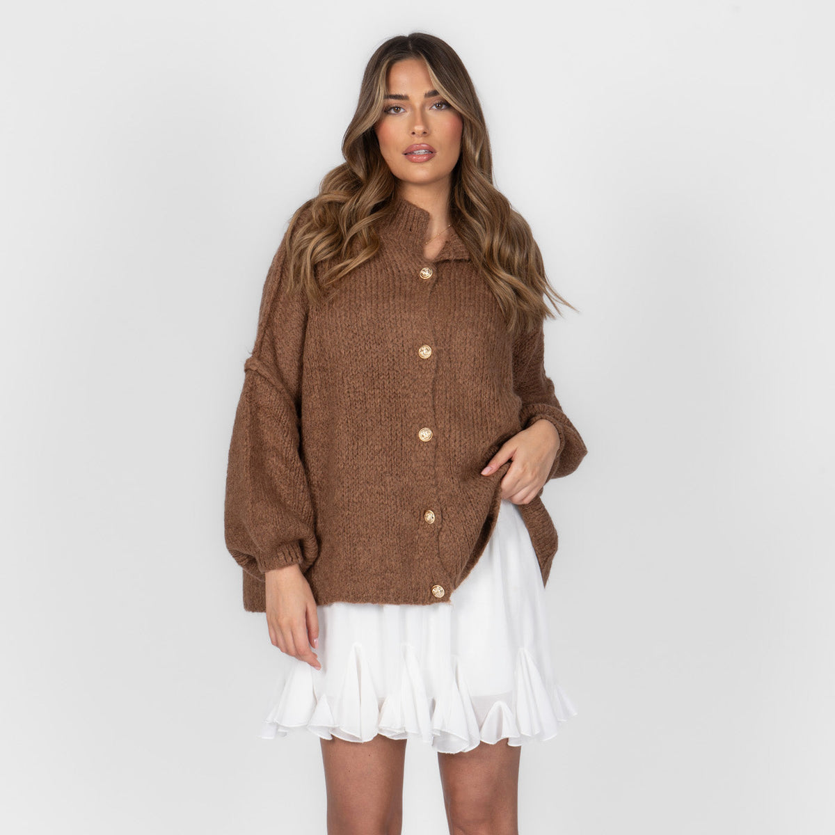 Women's Oversized Knit Cardigan – Gold-Tone Buttons in Brown – front view | Hensley London
