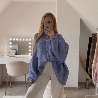 Women's Oversized Knit Cardigan – Gold-Tone Buttons in Ocean Blue – mirror styling view | Hensley London