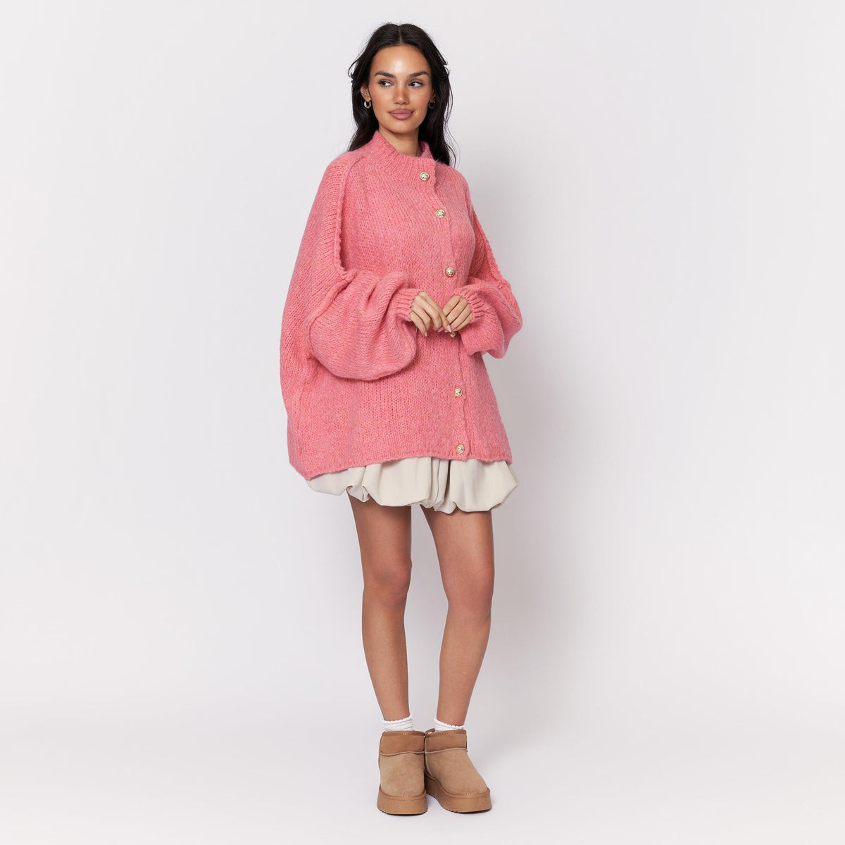 Women's Oversized Knit Cardigan – Gold-Tone Buttons in Dark Apricot – front view | Hensley London