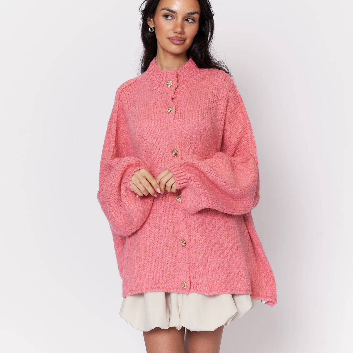 Women's Oversized Knit Cardigan – Gold-Tone Buttons in Dark Apricot – front view | Hensley London