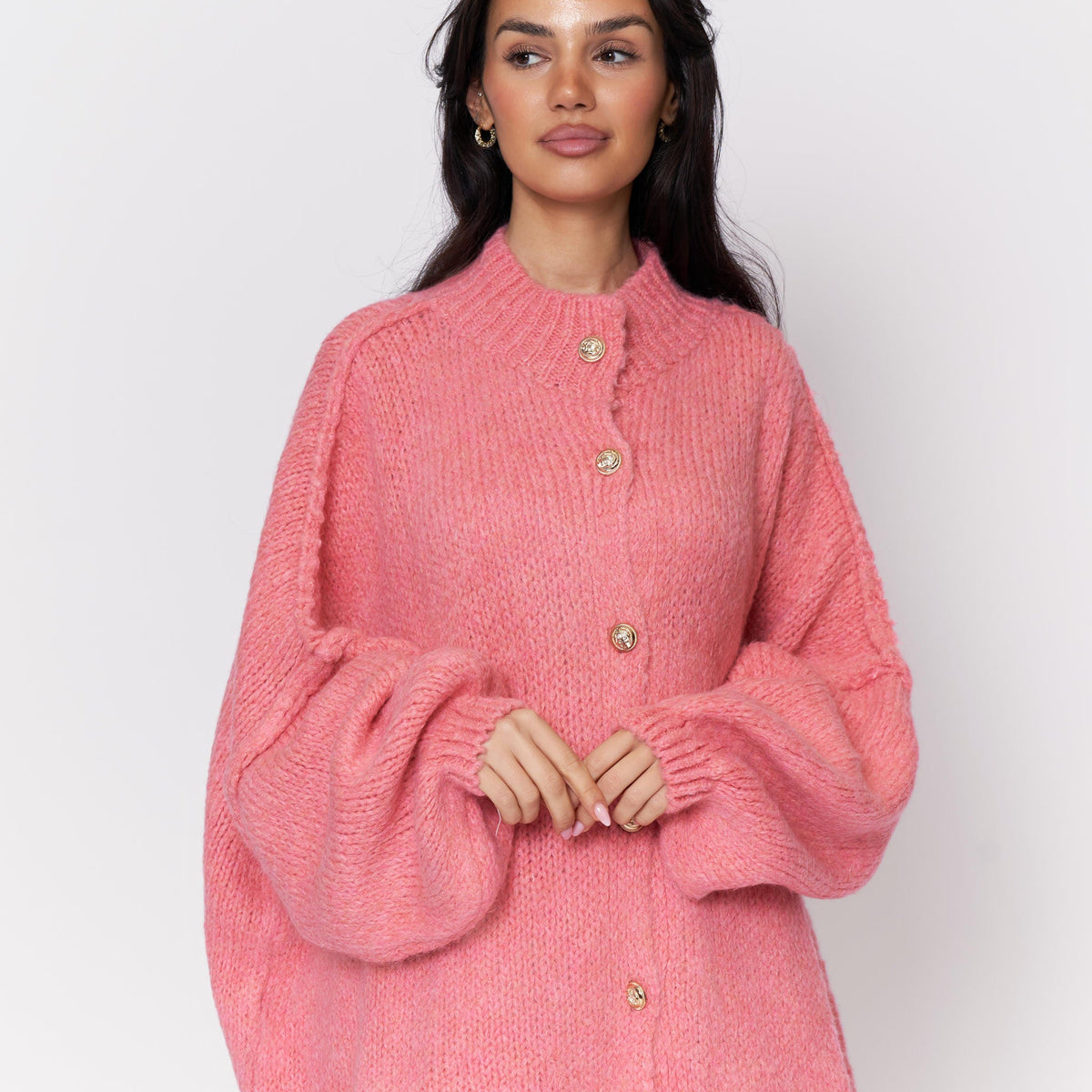 Women's Oversized Knit Cardigan – Gold-Tone Buttons in Dark Apricot – front view | Hensley London