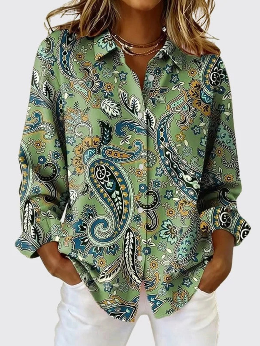 Women's Paisley Button-Up Blouse – Long Sleeves in Green – front view | Hensley London