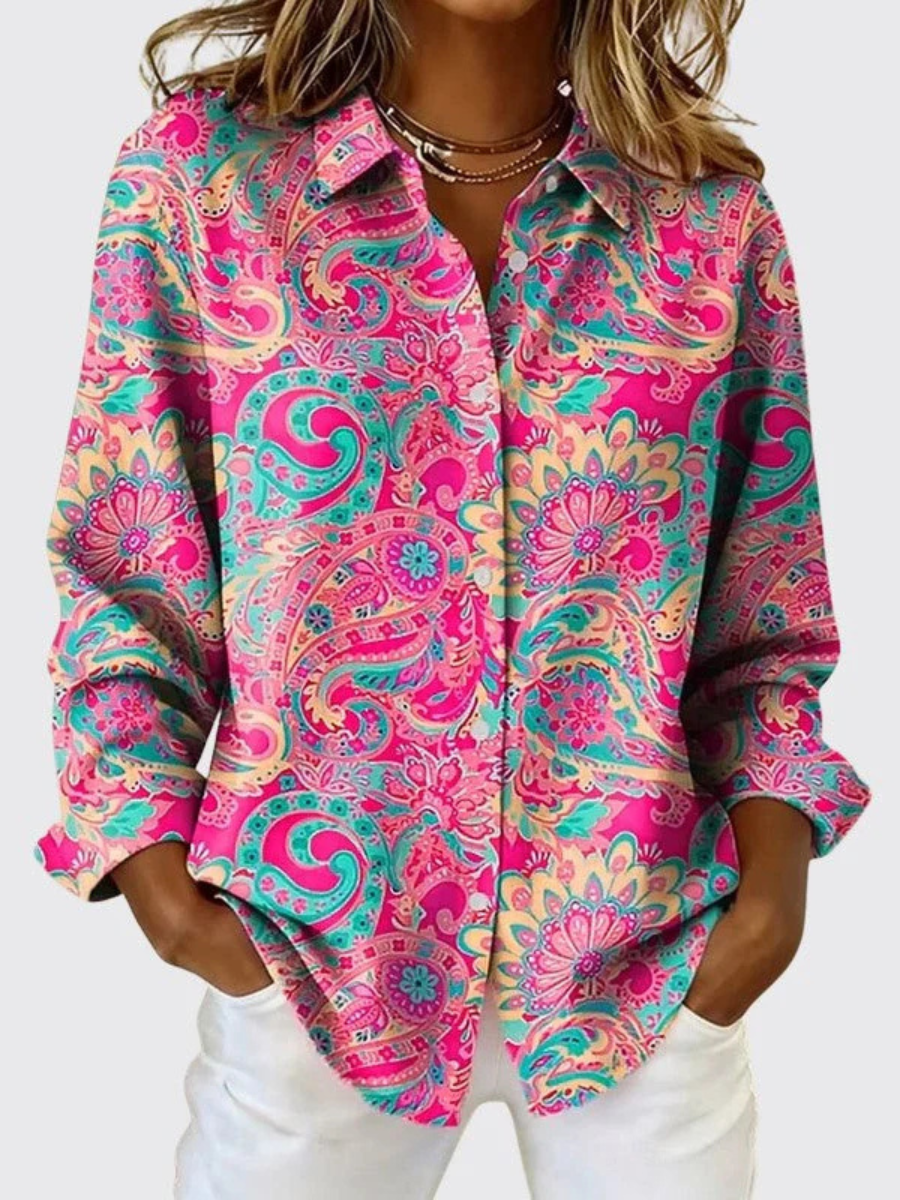 Women's Paisley Button-Up Blouse – Long Sleeves in Pink – front view | Hensley London