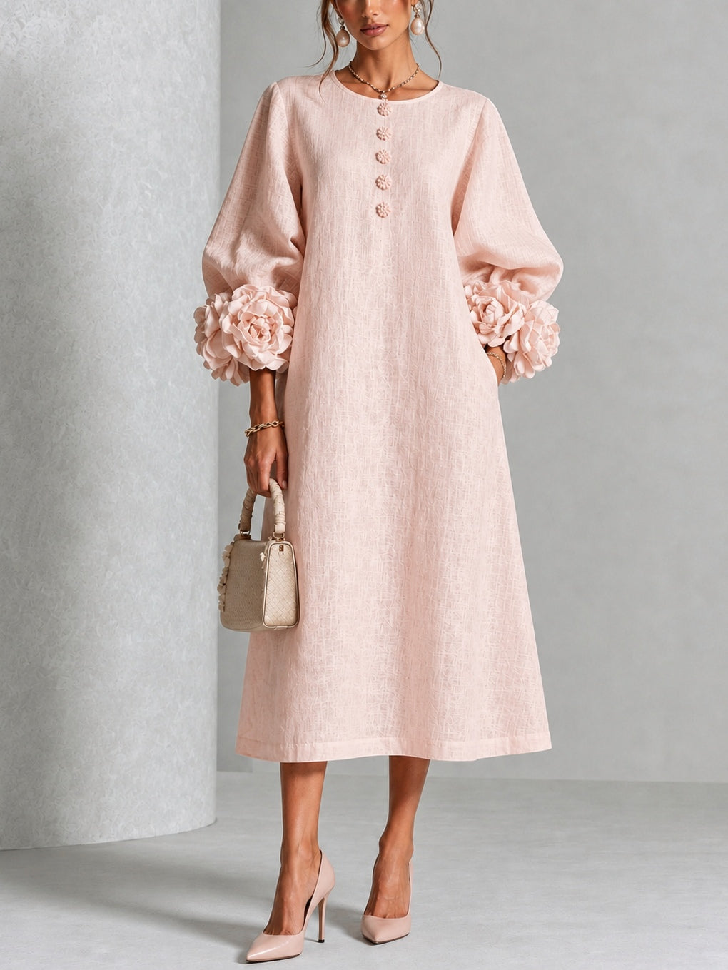 Women's Rosette-Cuff Midi Dress – Decorative Button Detail in Pink – front view | Hensley London