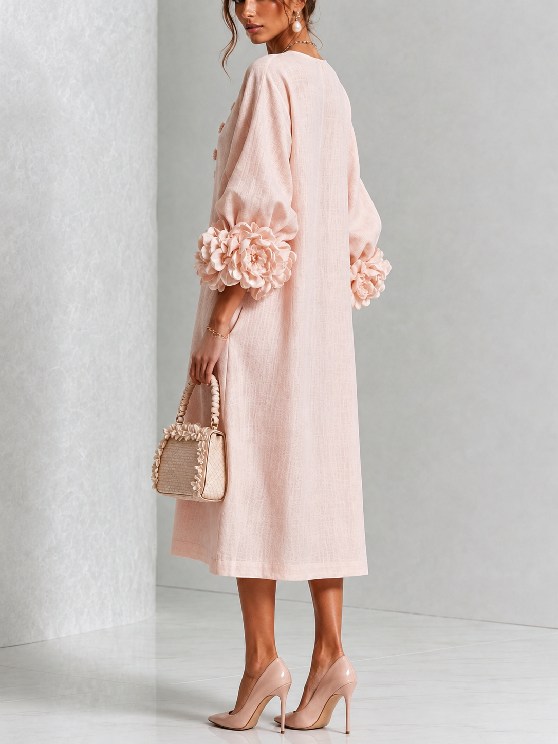 Women's Rosette-Cuff Midi Dress – Decorative Button Detail in Pink – back view | Hensley London