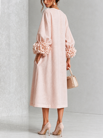 Women's Rosette-Cuff Midi Dress – Decorative Button Detail in Pink – side view | Hensley London