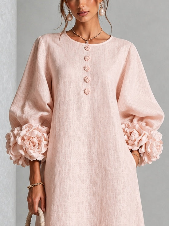 Women's Rosette-Cuff Midi Dress – Decorative Button Detail in Pink – cuff and neckline detail | Hensley London