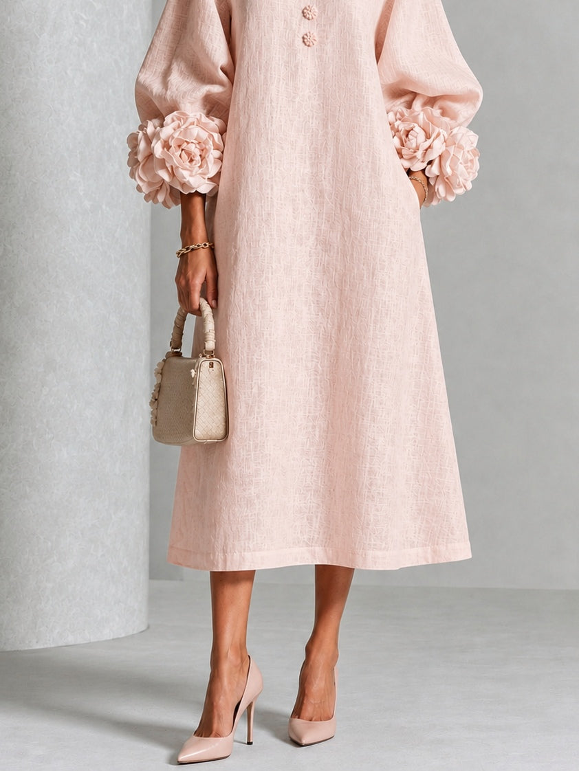 Women's Rosette-Cuff Midi Dress – Decorative Button Detail in Pink – front detail | Hensley London
