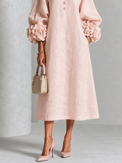 Women's Rosette-Cuff Midi Dress – Decorative Button Detail in Pink – front detail | Hensley London