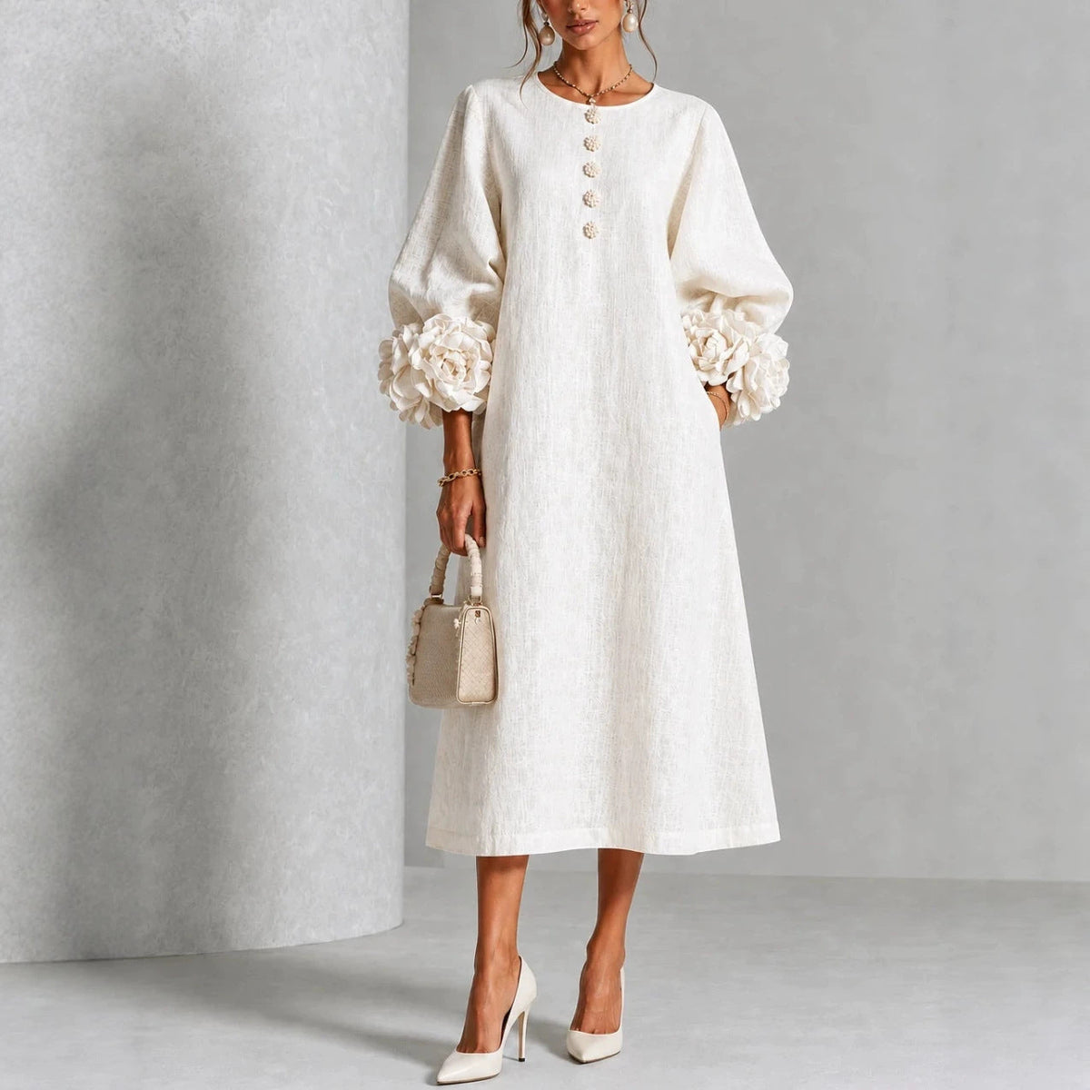 Women's Rosette-Cuff Midi Dress – Decorative Button Detail in White – front view | Hensley London