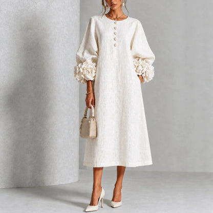 Women's Rosette-Cuff Midi Dress – Decorative Button Detail in White – front view | Hensley London