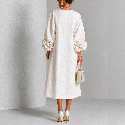 Women's Rosette-Cuff Midi Dress – Decorative Button Detail in White – back view | Hensley London