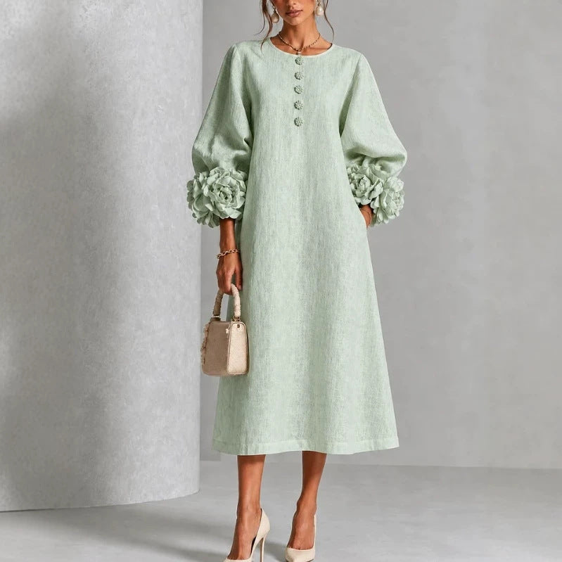 Women's Rosette-Cuff Midi Dress – Decorative Button Detail in Mint – front view | Hensley London