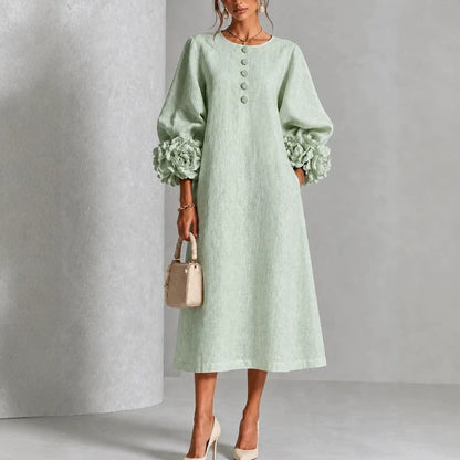 Women's Rosette-Cuff Midi Dress – Decorative Button Detail in Mint – front view | Hensley London