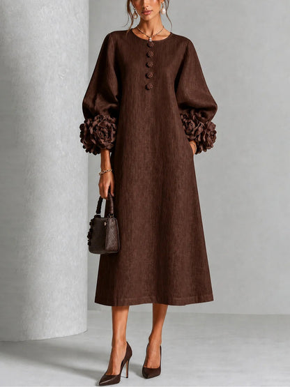 Women's Rosette-Cuff Midi Dress – Decorative Button Detail in Brown – front view | Hensley London